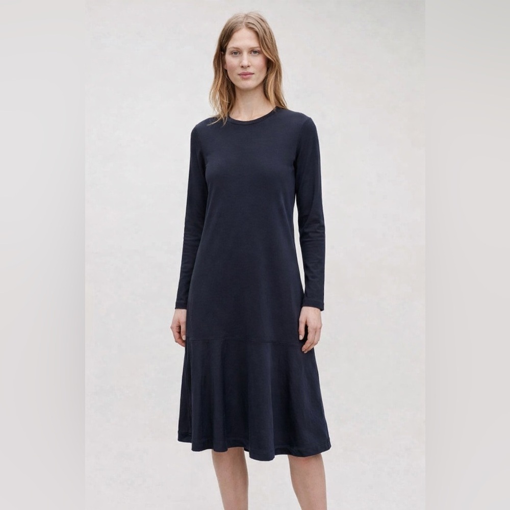 COS Navy Blue Long Sleeve Midi Dress | XS | Minimalist Knit Flowy Hem